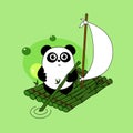Cute cartoon panda float on bamboo raft. Funny character for your design. Green. Panda protect concept. Ecology, green energy Royalty Free Stock Photo